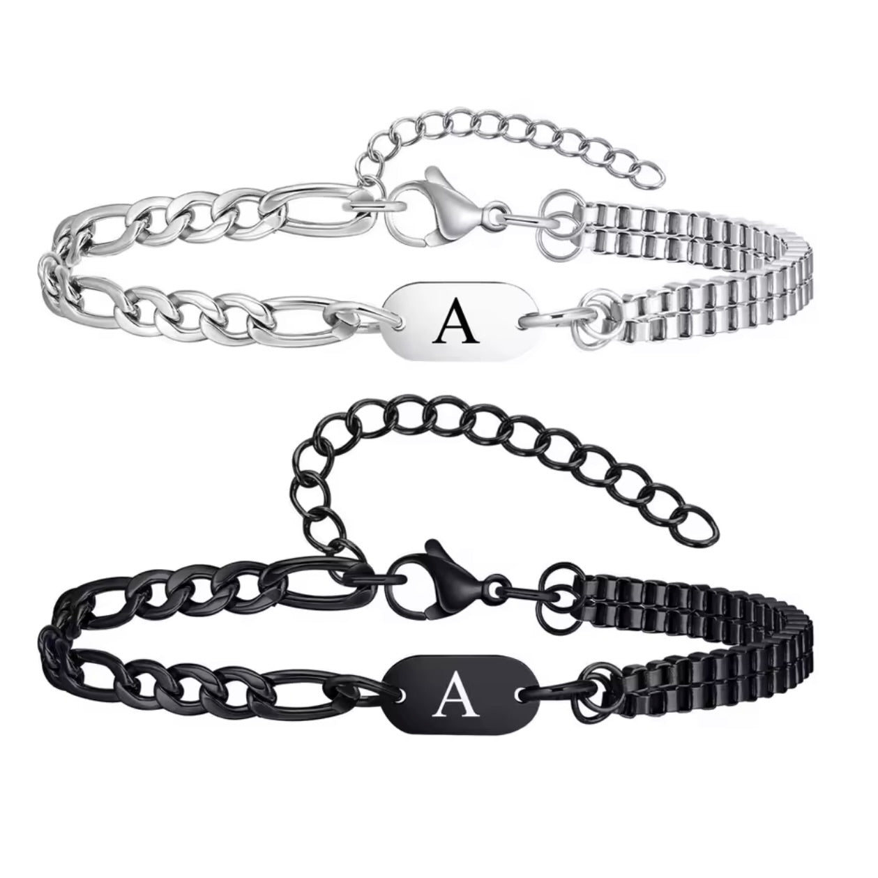 סט צמידי שרשרת זוגיים עם אות בחריטה אישית
